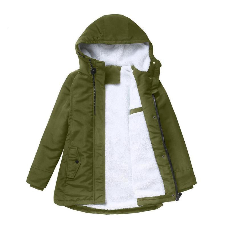 Women's Fleece-Lined Hooded Parka with Drawstring Hood and Flap Pockets