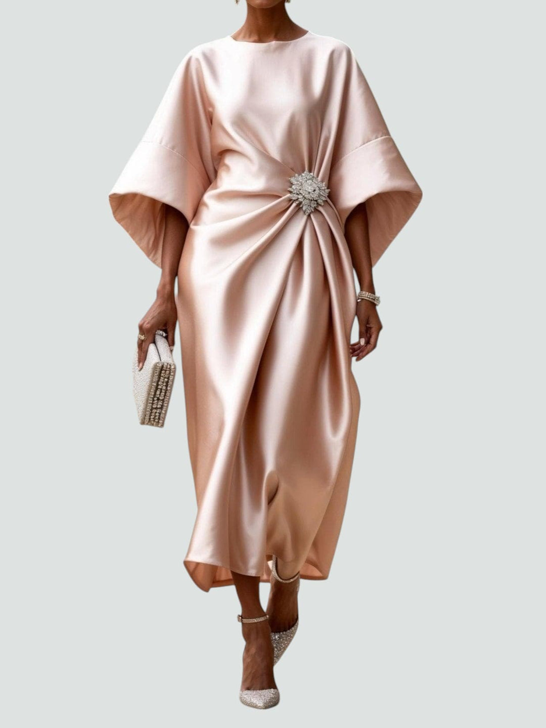 Women's Maxi Dress with Draped Brooch – Gala Dress with Cape Sleeves for Formal Occasions