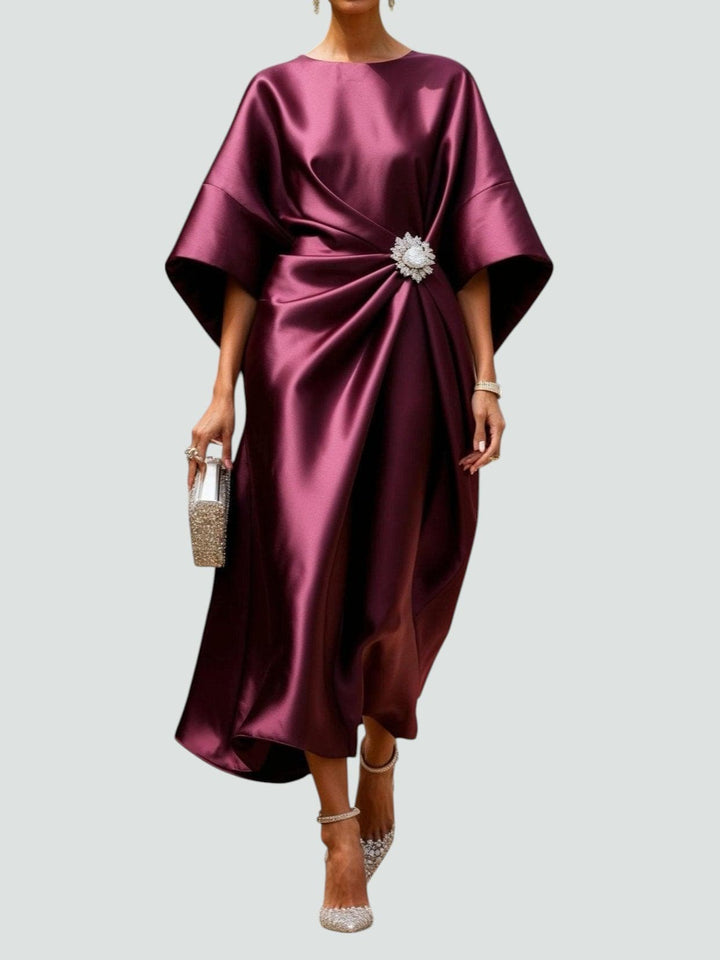 Women's Maxi Dress with Draped Brooch – Gala Dress with Cape Sleeves for Formal Occasions