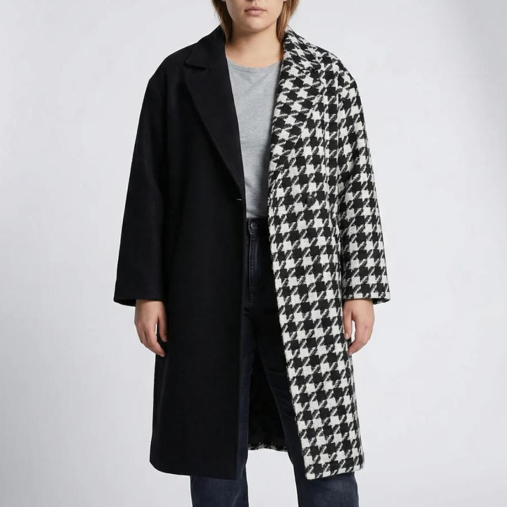 Long Plaid Colorblock Overcoat for Women