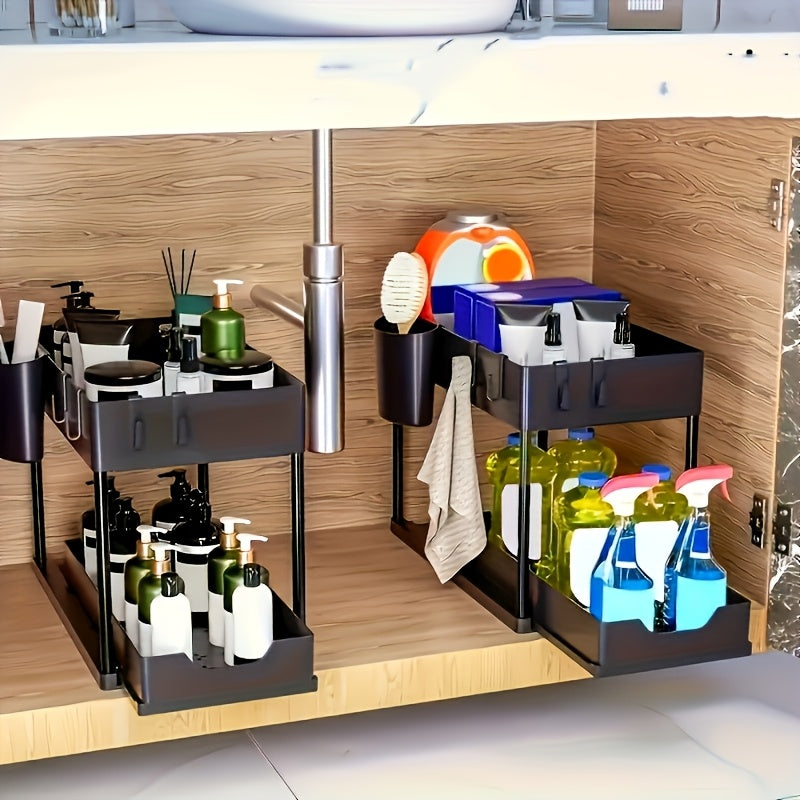 2-Tier Organizer with Hooks and Cup – Smart, Stable Storage System for Under the Sink or Worktop