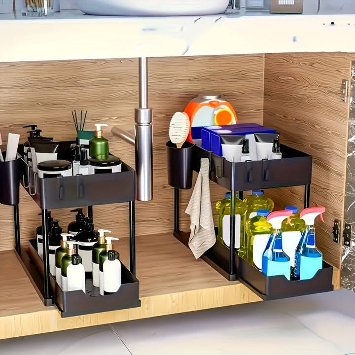 2-Tier Organizer with Hooks and Cup – Smart, Stable Storage System for Under the Sink or Worktop