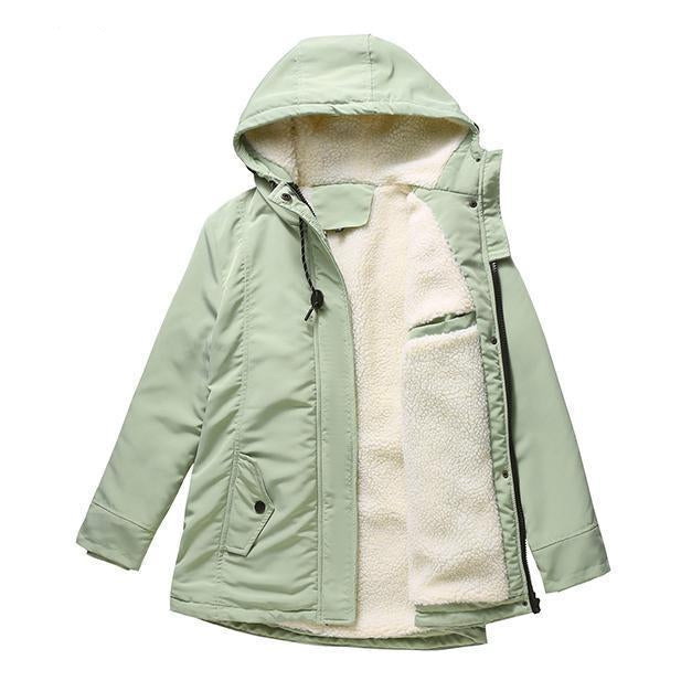 Women's Fleece-Lined Hooded Parka with Drawstring Hood and Flap Pockets