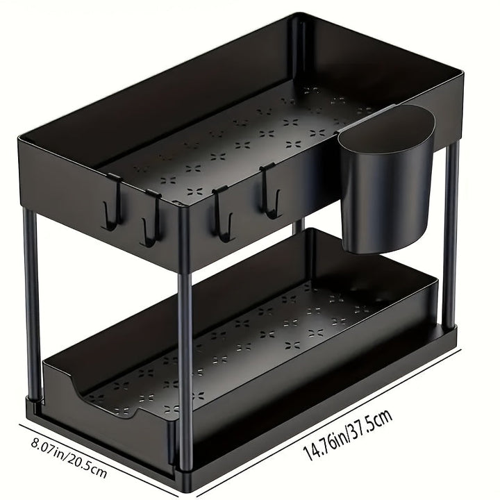 2-Tier Organizer with Hooks and Cup – Smart, Stable Storage System for Under the Sink or Worktop