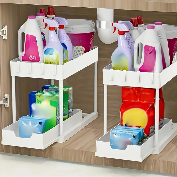 2-Tier Organizer with Hooks and Cup – Smart, Stable Storage System for Under the Sink or Worktop