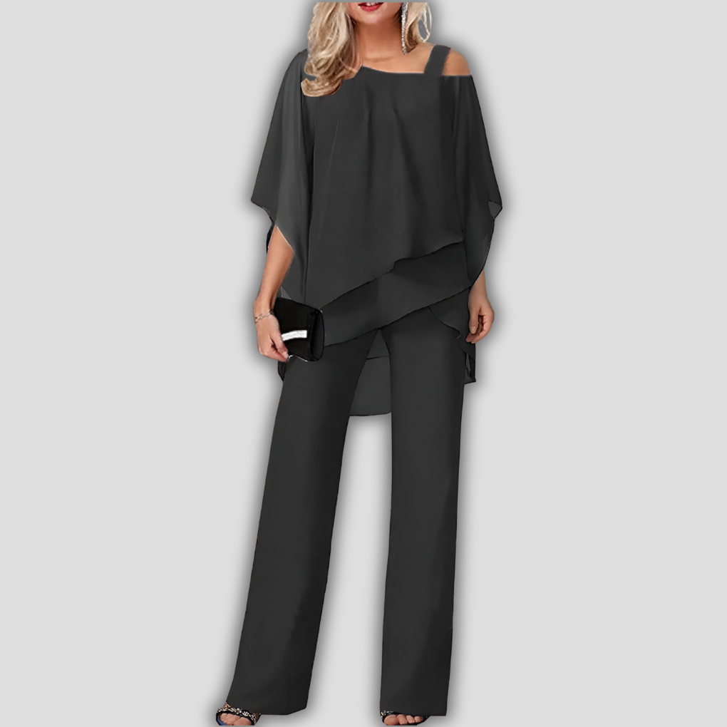 Elegant Two-Piece Chiffon Layered Cape Pantsuit for Women