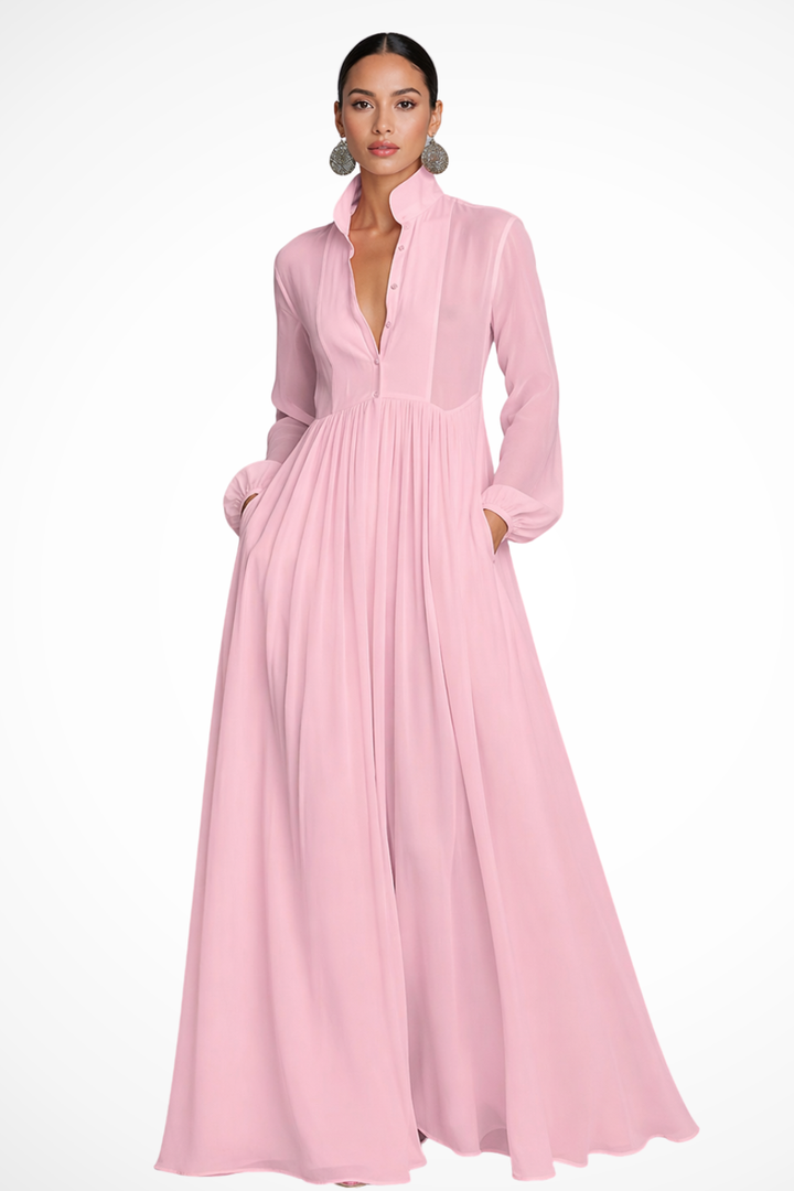 Women's Long Sleeve Maxi Dress with Buttons and Pockets