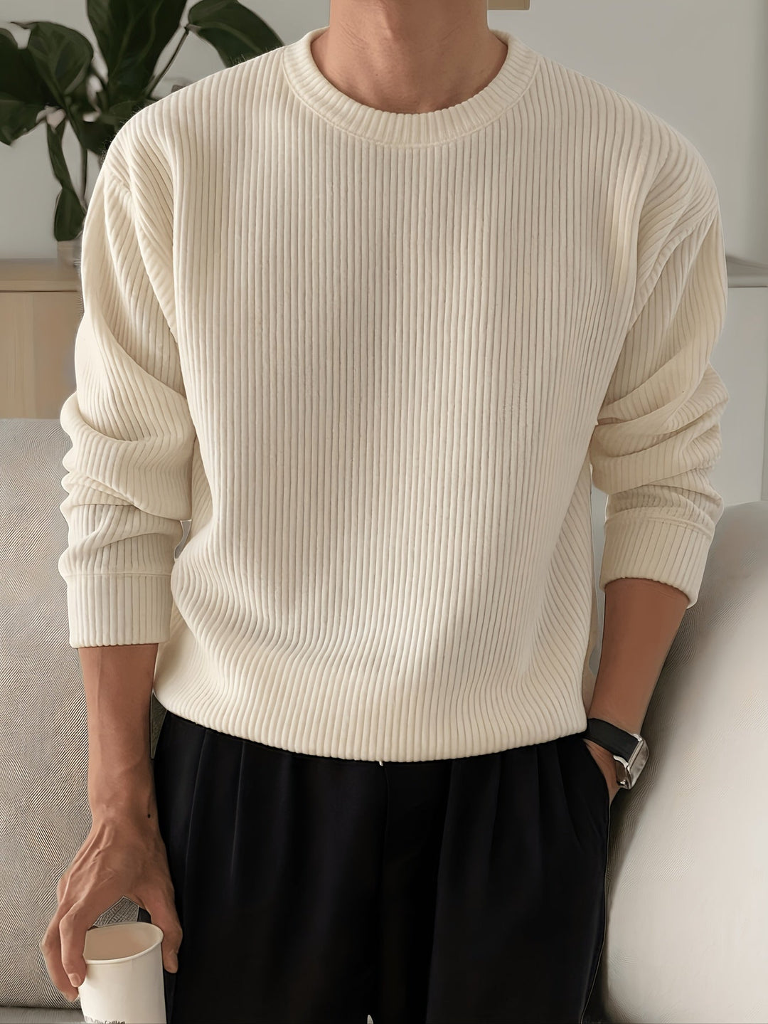 Men's Rib Knit Crew-Neck Sweater with Relaxed Fit