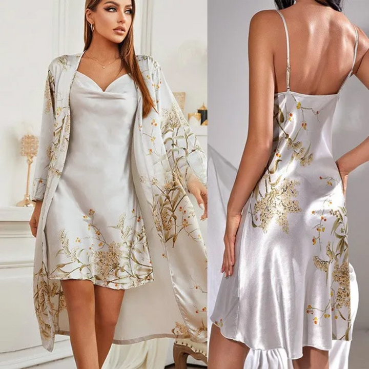 Two-Piece Satin Nightdress & Floral Print Kimono – Noelle