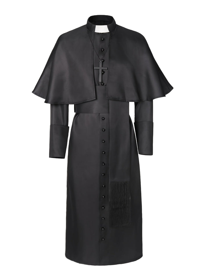 Men's Halloween Priest Costume with Long Robe, Cape and Cross