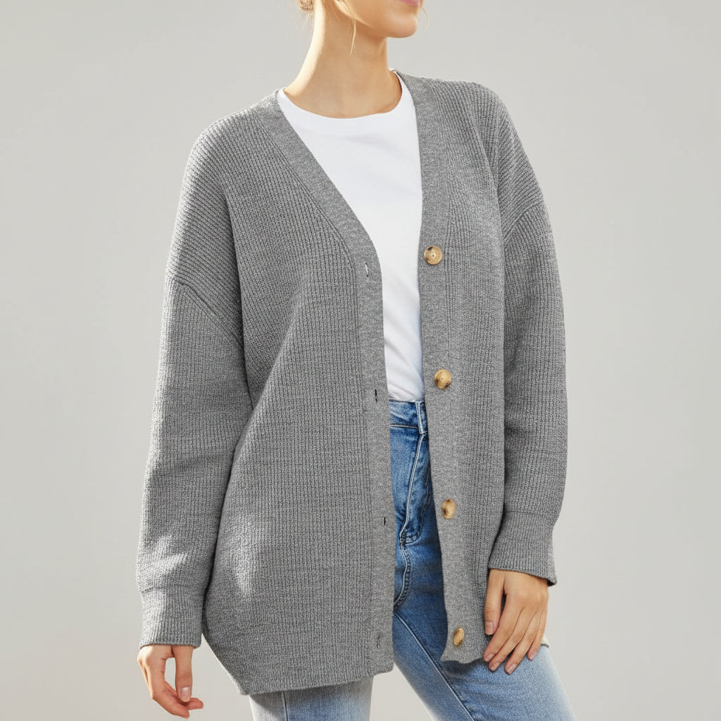 Oversized V-Neck Cardigan with Button Closure for Women
