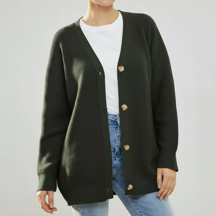 Oversized V-Neck Cardigan with Button Closure for Women