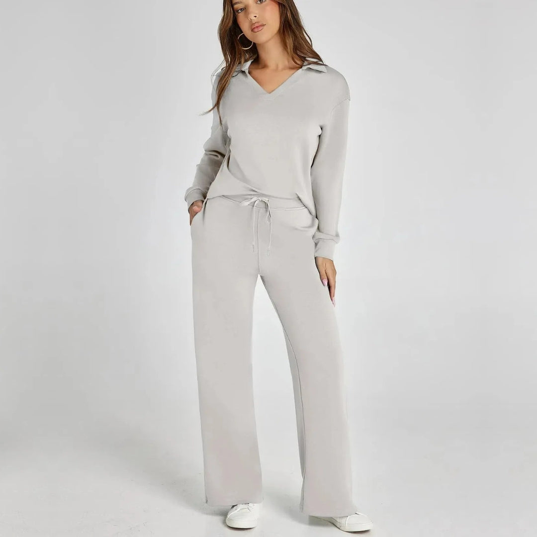 Women's Loungewear Set with V-Neck Sweatshirt and Wide Comfy Pants