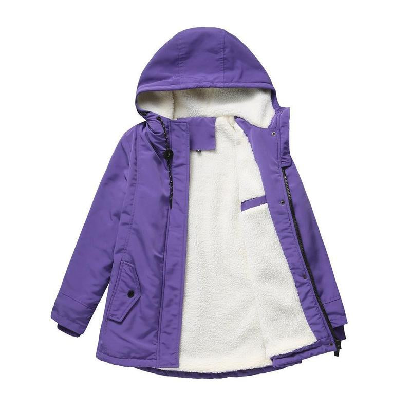 Women's Fleece-Lined Hooded Parka with Drawstring Hood and Flap Pockets