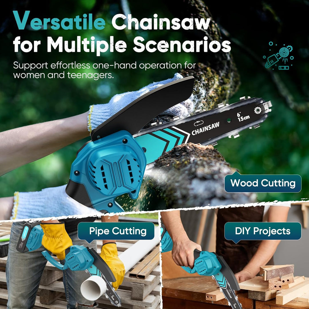 Cordless Mini Chainsaw 6 Inch with LED Light & 21V Battery – TimberCut