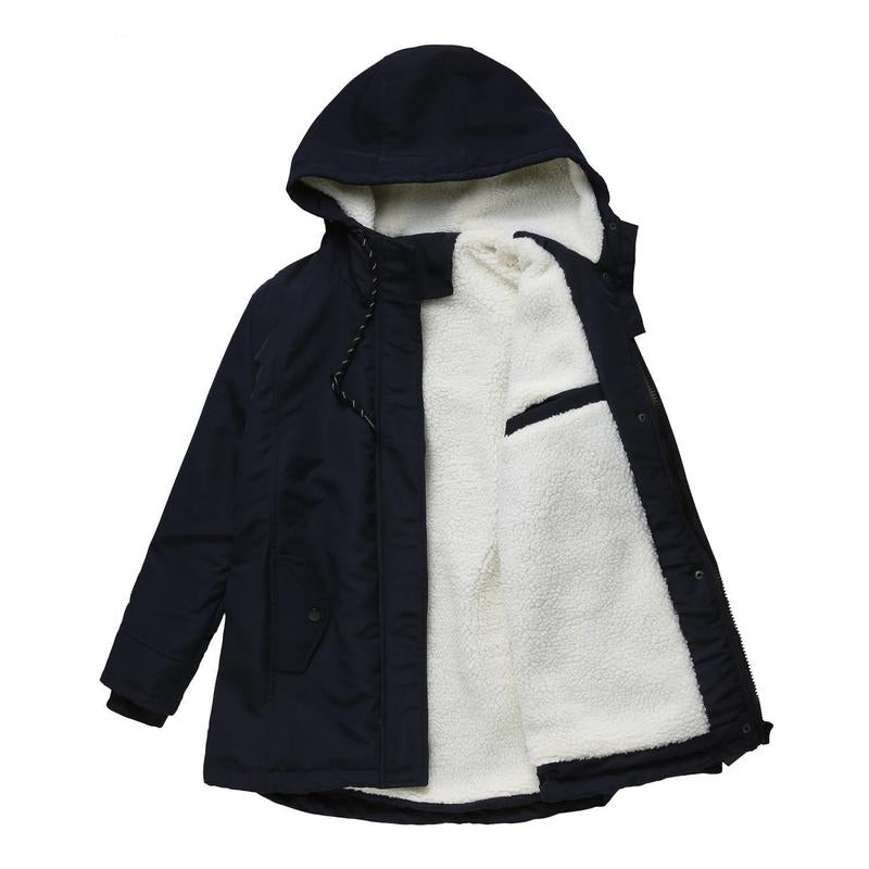 Women's Fleece-Lined Hooded Parka with Drawstring Hood and Flap Pockets