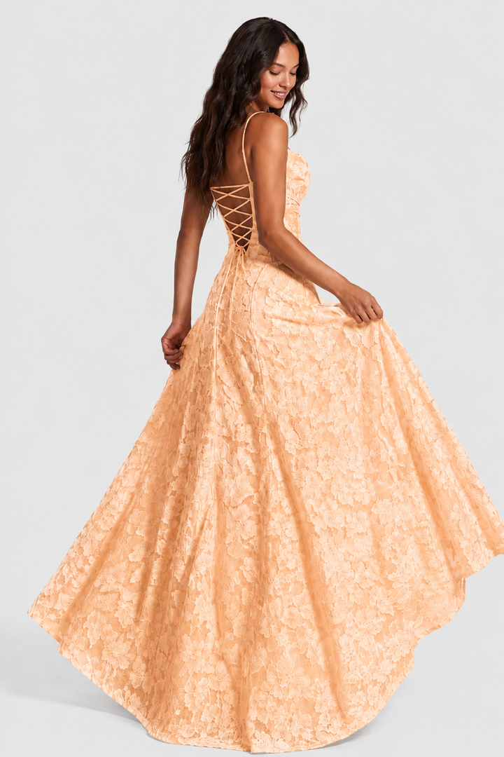 Raised 3D floral lace A-line midi-maxi dress with draped neckline