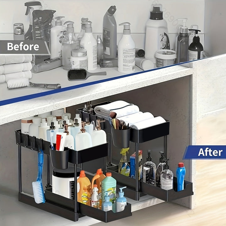 2-Tier Organizer with Hooks and Cup – Smart, Stable Storage System for Under the Sink or Worktop