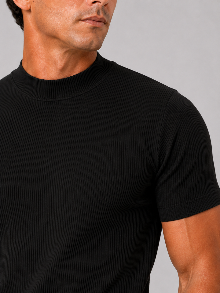 Men's Ribbed Mock Neck T-Shirt – Slim-Fit Stretch Short-Sleeve Top