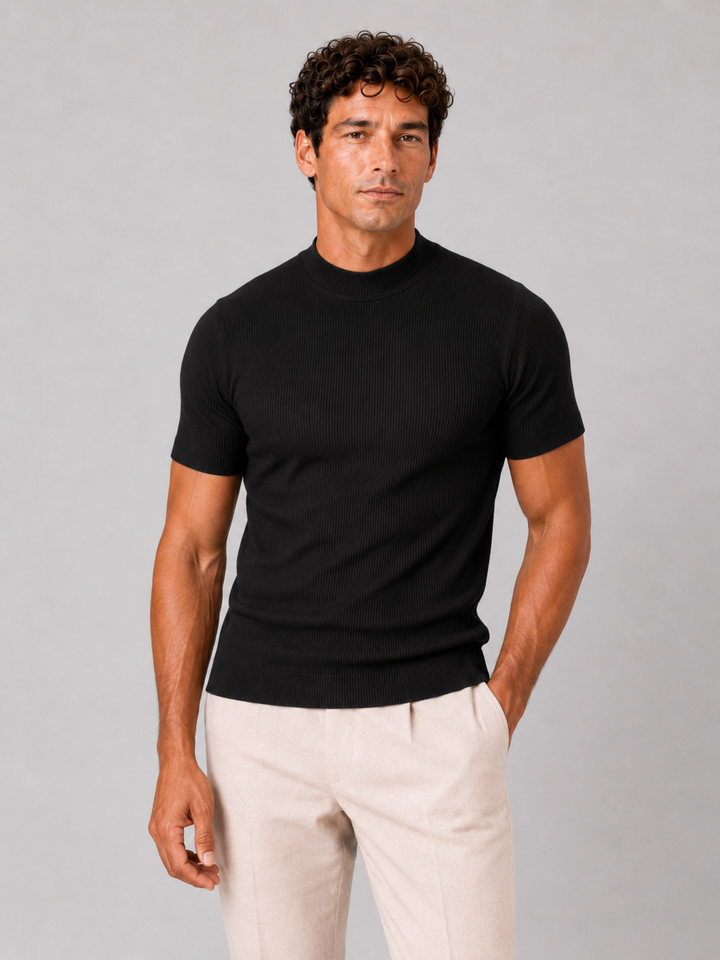 Men's Ribbed Mock Neck T-Shirt – Slim-Fit Stretch Short-Sleeve Top