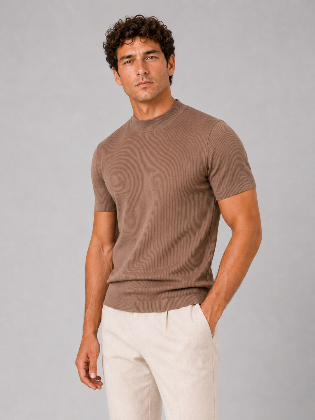 Men's Ribbed Mock Neck T-Shirt – Slim-Fit Stretch Short-Sleeve Top