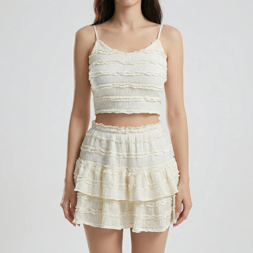 Cascella - Ruffled Spaghetti Strap Crop Top Set