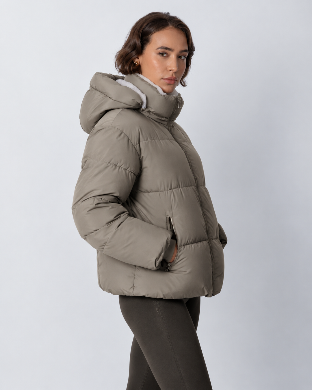 Women's Cropped Quilted Jacket with Removable Hood and Fleece Lining