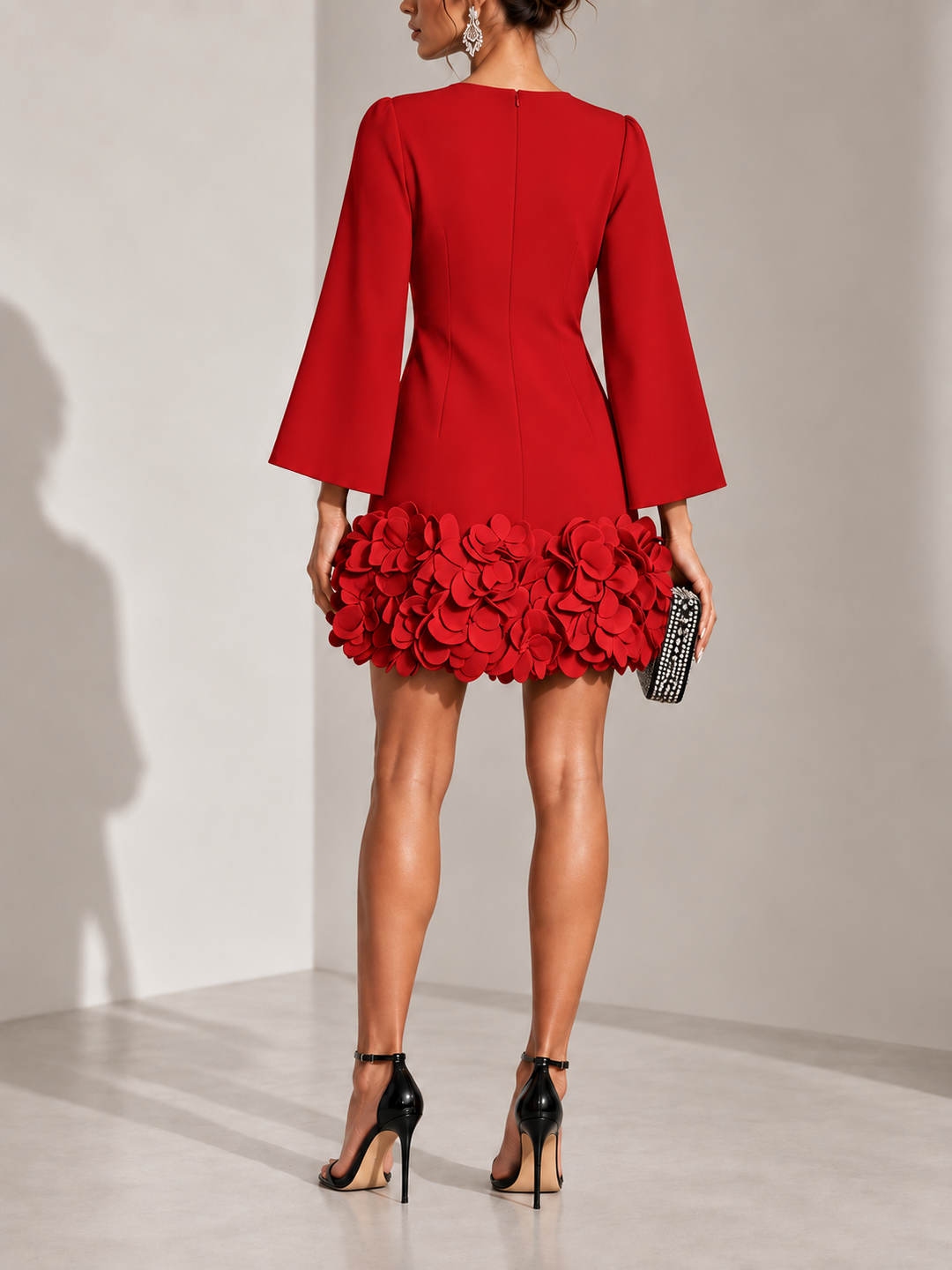 Elegant Short Dress with 3D Floral Appliqué and Flared Long Sleeves