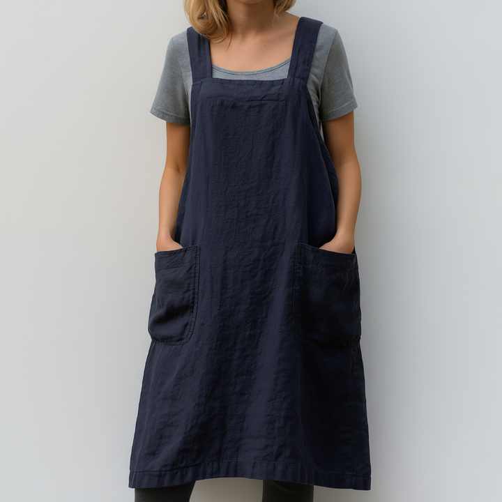 Cotton Linen Apron Style Dress with Pockets for Women