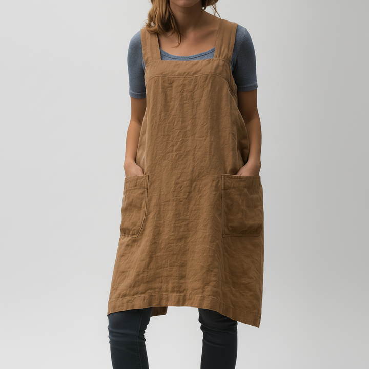 Cotton Linen Apron Style Dress with Pockets for Women