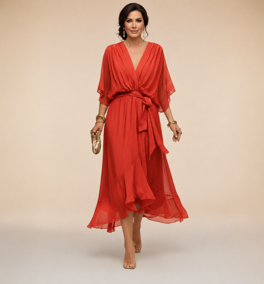 Women's Midi Wrap Dress with V-Neck and 3/4 Sleeves