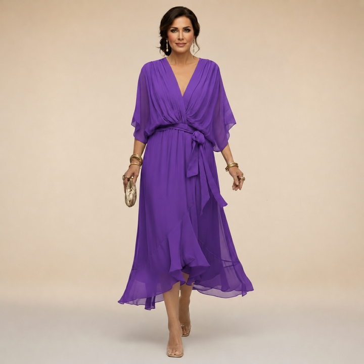 Women's Midi Wrap Dress with V-Neck and 3/4 Sleeves