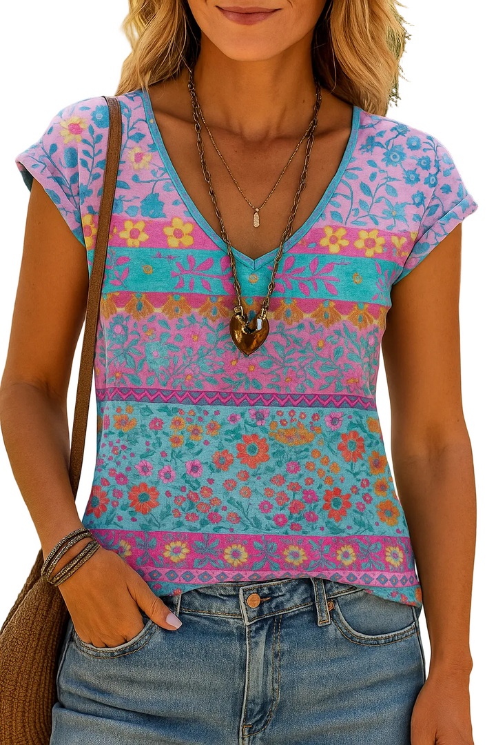 Casual T-Shirt with Floral Print and V-Neck