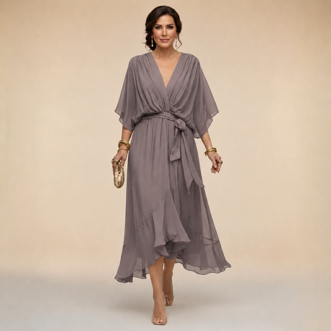 Women's Midi Wrap Dress with V-Neck and 3/4 Sleeves