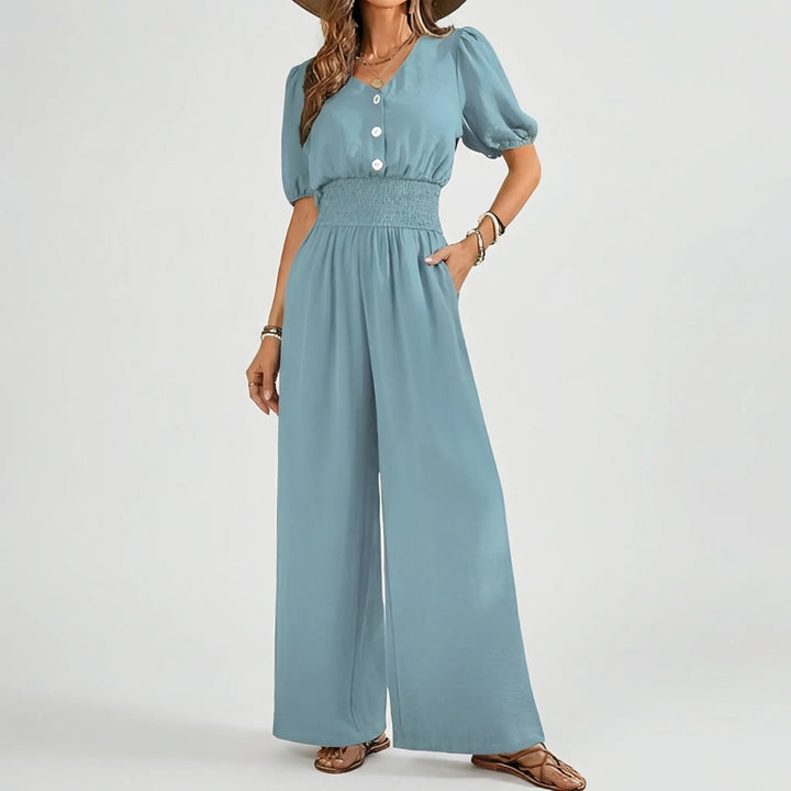 Classivex - Puff Sleeve Top And Wide-Leg Pants Set