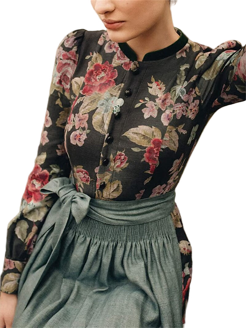 Long Women's Vintage Dirndl Dress with Floral Pattern and Apron, Made of High-Quality Fabric