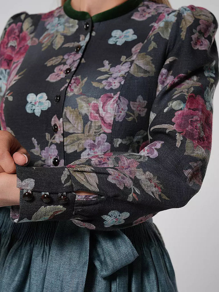 Long Women's Vintage Dirndl Dress with Floral Pattern and Apron, Made of High-Quality Fabric