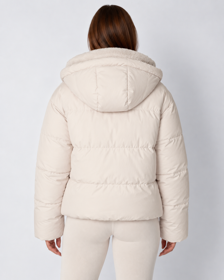 Women's Cropped Quilted Jacket with Removable Hood and Fleece Lining