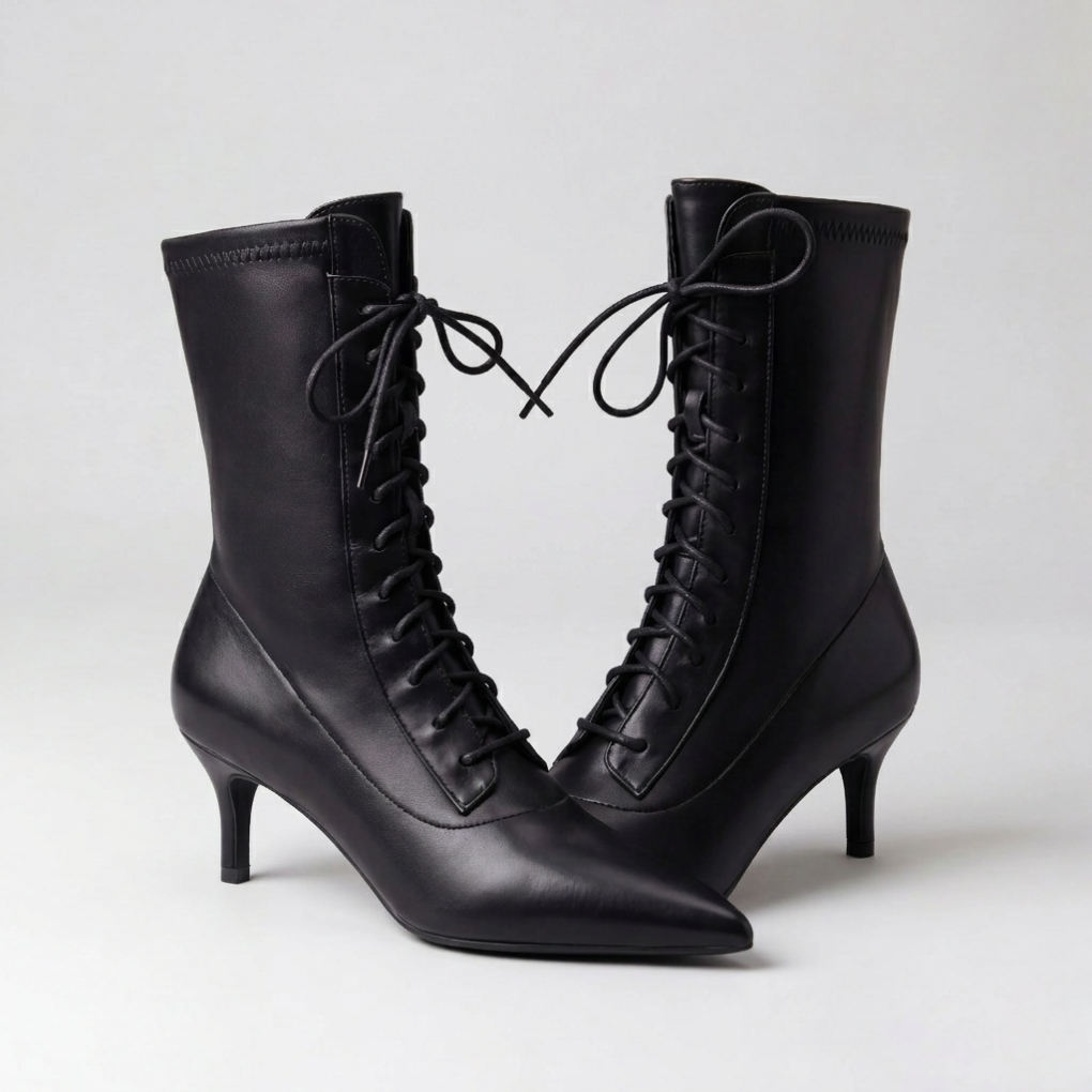 Pointed Toe Lace-Up Mid-Calf Boot