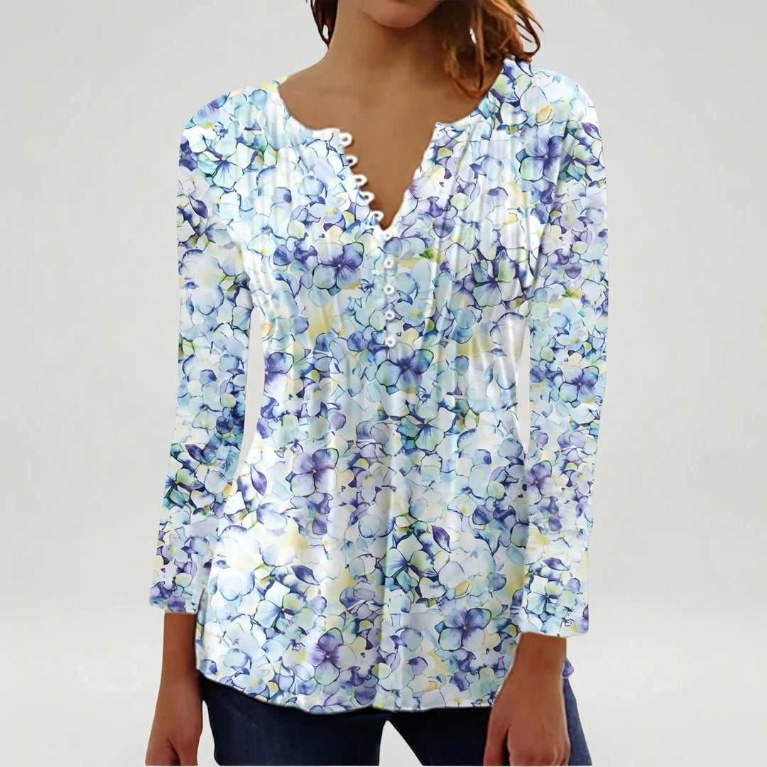 Floravia - Floral Print Women's Button-Neck Blouse
