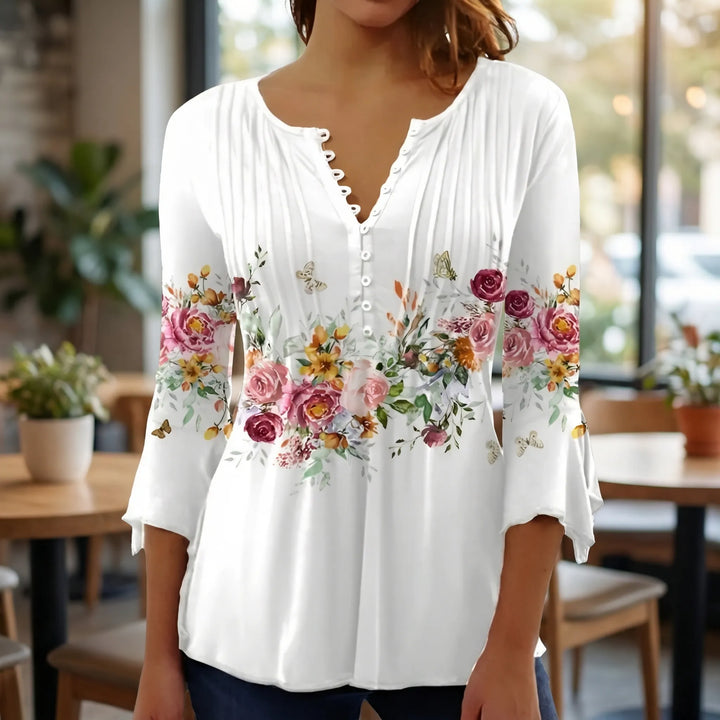 Floravia - Floral Print Women's Button-Neck Blouse