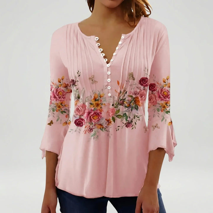 Floravia - Floral Print Women's Button-Neck Blouse