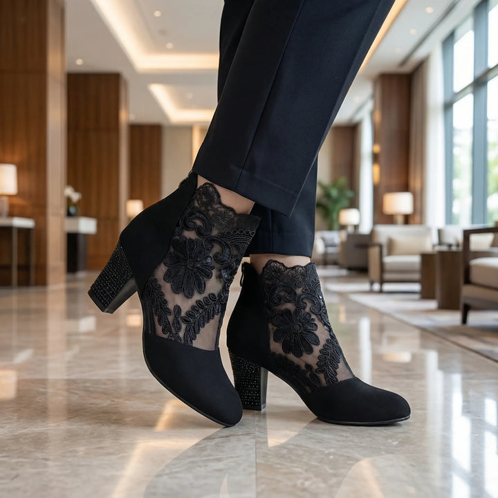 Florenta - Embroidered Lace Ankle Bootie With Block Heel