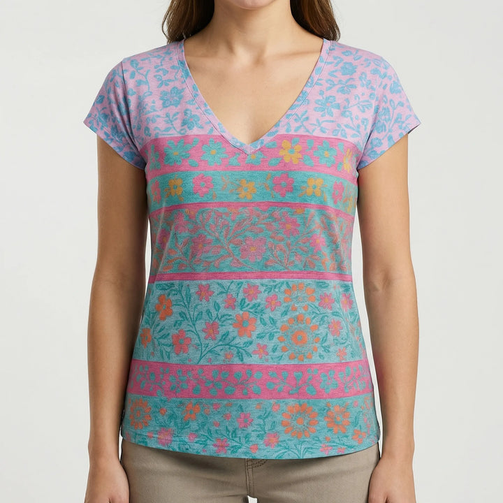 Floriven - Short Sleeve Floral V-Neck Tee