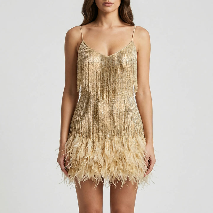 Frinvara - Sleeveless Feather Fringe Mini Dress