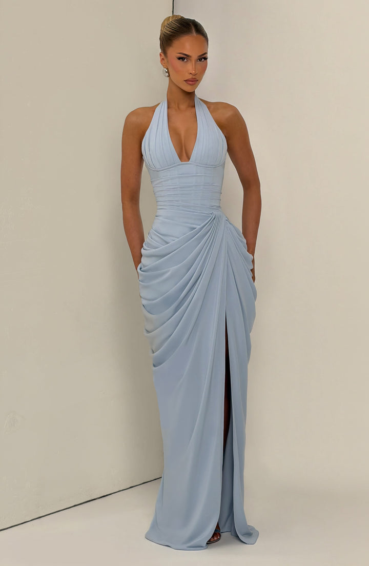 Linde Halterneck Maxi Dress with Corset Bodice and Chiffon Skirt