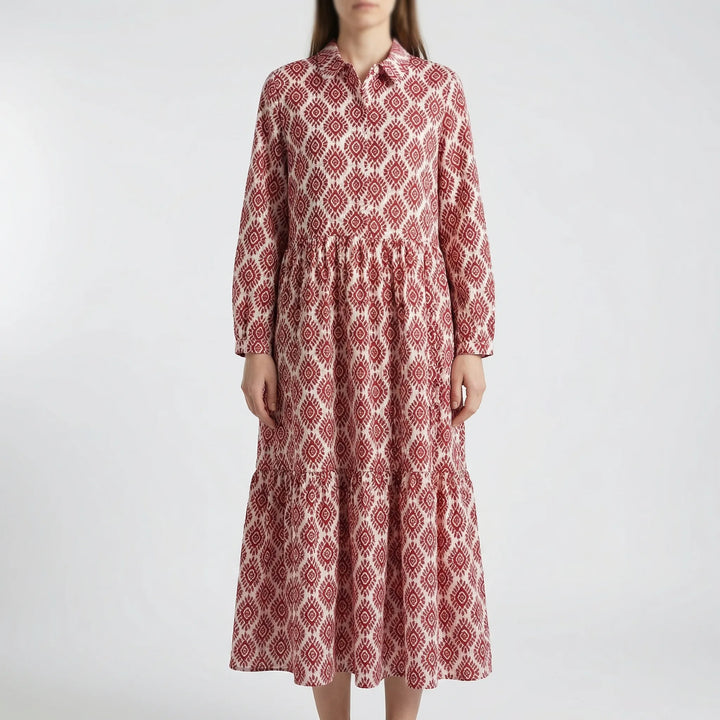 Geovella - Long-Sleeve Geometric Print Midi Dress