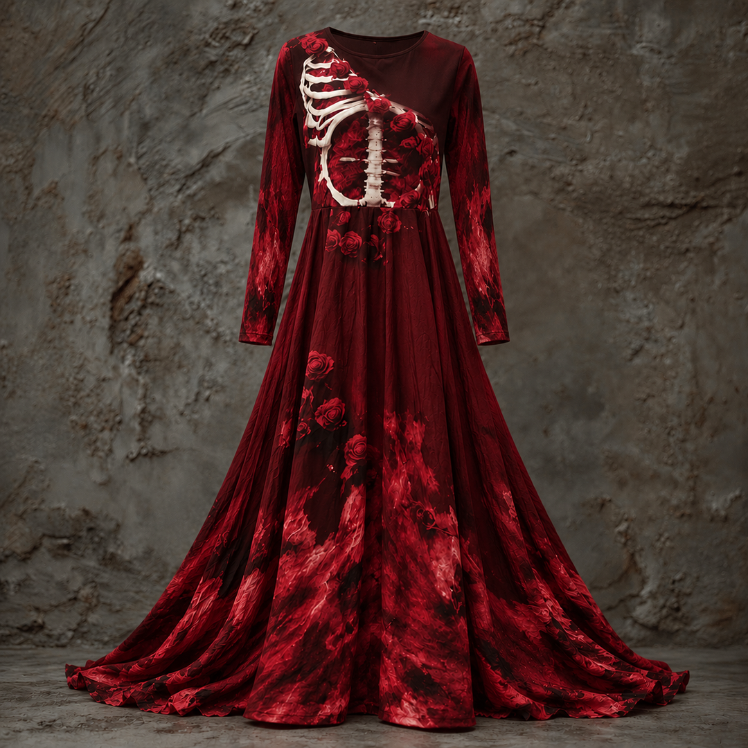 Women's Long-Sleeved Halloween Maxi Dress with Skeleton-Style Bodice