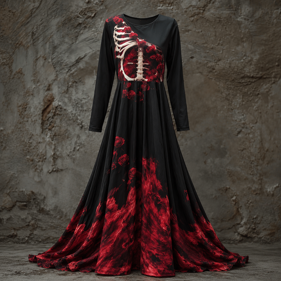 Women's Long-Sleeved Halloween Maxi Dress with Skeleton-Style Bodice