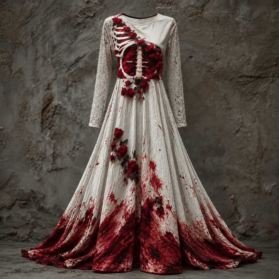 Women's Long-Sleeved Halloween Maxi Dress with Skeleton-Style Bodice